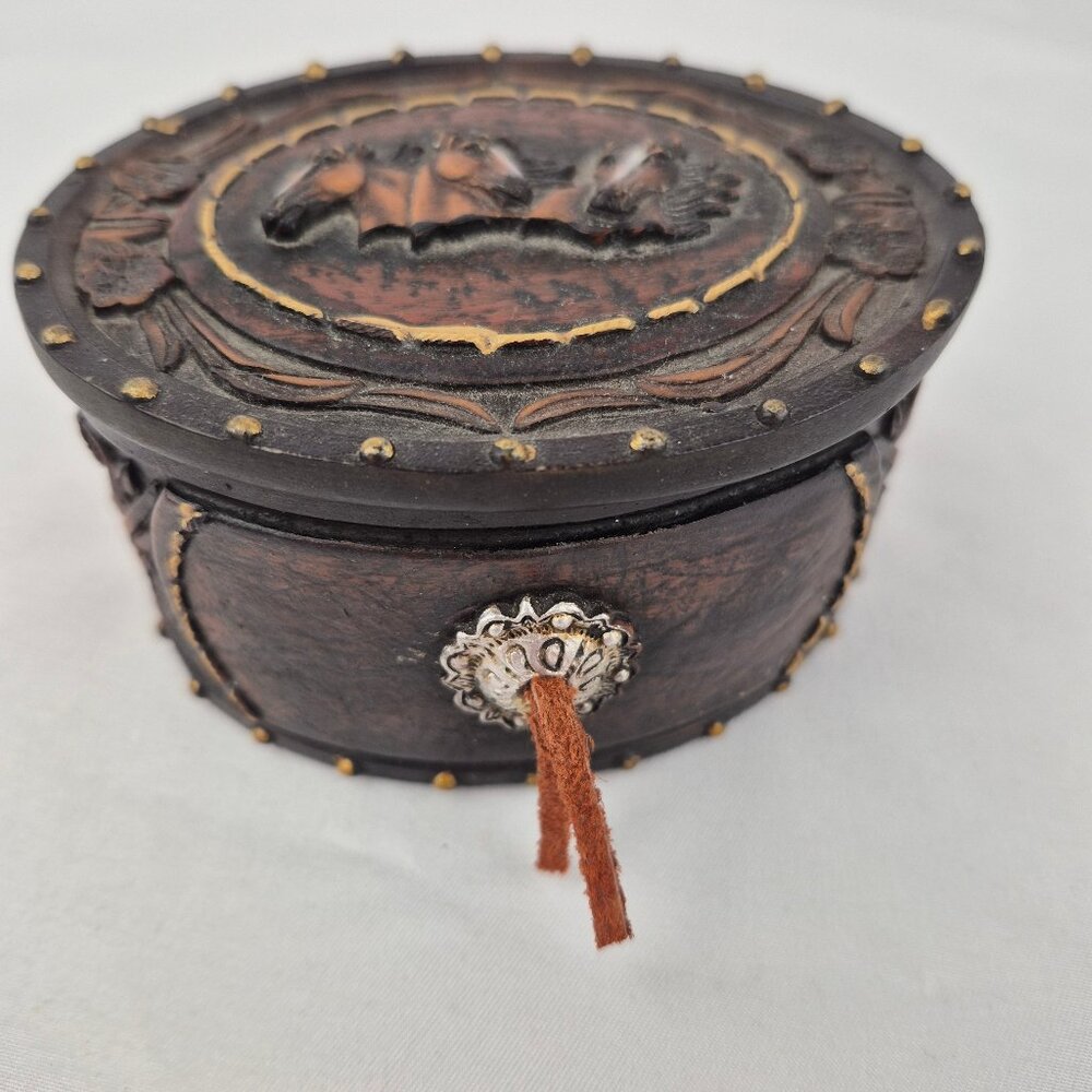 Western Rustic Faux Tooled Trinket Box with Conchos & Horse Heads on the Lid